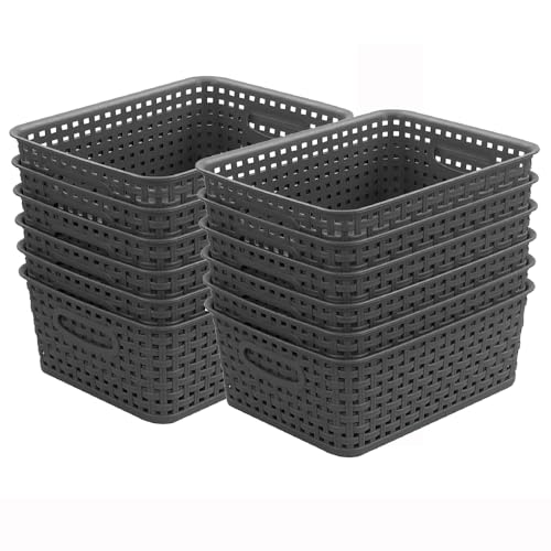 Grey Plastic Weave Storage Basket, 12-Pack Woven Gray Basket Organizer for Kitchen Office Bathroom - color: Grey, size: 12-Pack