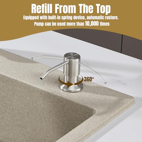 Built in Soap Dispenser for Kitchen Sink Countertop, Brushed Nickel Stainless Steel Soap Dispenser Pump Head Refill from the Top with 11 Ounce Transparent Soap Bottle - color: Brushed Nickel