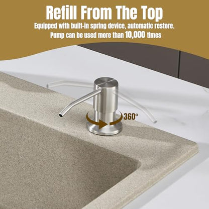 Built in Soap Dispenser for Kitchen Sink Countertop, Brushed Nickel Stainless Steel Soap Dispenser Pump Head Refill from the Top with 11 Ounce Transparent Soap Bottle - color: Brushed Nickel