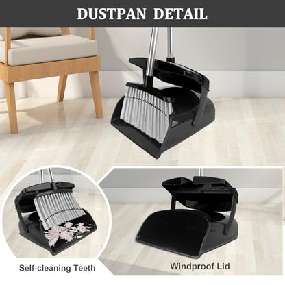 Broom and Dustpan Set, 51" Long Handle Broom with Dustpan Combo Set, Windproof Standing Dust pan with Self-Cleaning Teeth, Household Set Sweep Kitchen Office Lobby Pet Room - color: Black