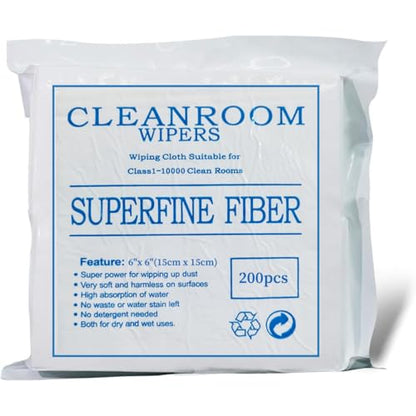 Industrial Cleanroom Cloth Wipes 6"x6" (Bag of 200 Pcs) Double Knit 100% Polyester Wipers Lint Free Cloths with Ultra-fine Filaments, Class 100 Cloths, Ultra-Soft Wipes CP14009