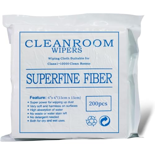 Industrial Cleanroom Cloth Wipes 6"x6" (Bag of 200 Pcs) Double Knit 100% Polyester Wipers Lint Free Cloths with Ultra-fine Filaments, Class 100 Cloths, Ultra-Soft Wipes CP14009