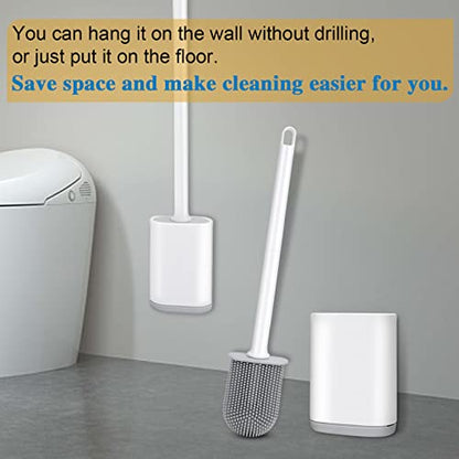 Silicone Toilet Brush and Holder Bendable Efficient Cleaning Wall Mounted Toilet Bowl Brush with Long Handle Brush Head and Silicone Bristles No Rusty Handles Problem (White) - color: White