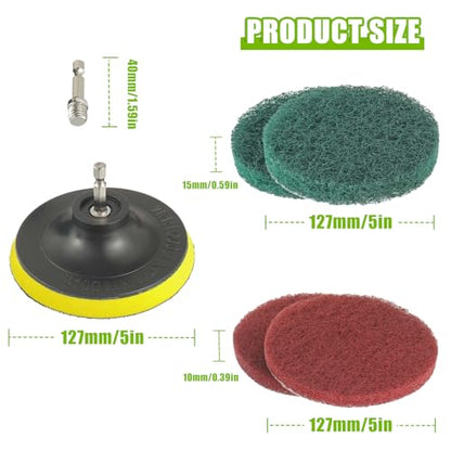 5 Inch Scrub Drill Brush Power Scouring Pads Household Cleaning Set for Kitchen Bathroom 4 Red Pads 4 Green Pads 1 Drill Attachment and 1 Universal Shaft