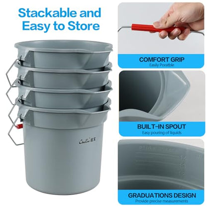 4-Pack 3.5 Gallon Industrial Round Utility Pail with Handle, Gray | 14 Quart, Plastic, Car Wash Bucket