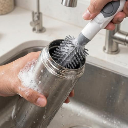 Soap Dispensing Brush Cleaner for Kitchen, Glassware, Mugs, and Plates | BPA Free Silicone Bristles, Portable, Comprehensive Multi-Purpose Cleaning