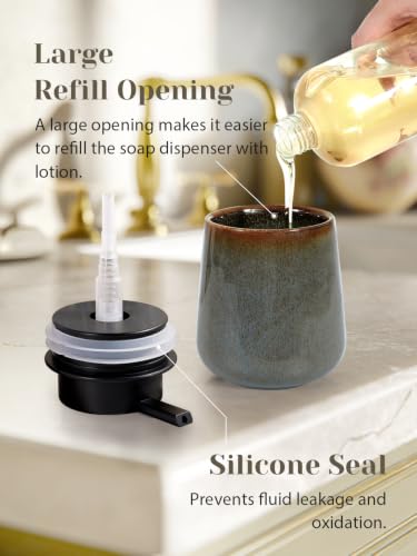 INGOFIN Ceramic Lotion Dispenser - 12 oz Refillable Hand Soap Dispenser Bathroom, Modern Liquid Dispenser with Pump, Dish Soap Dispenser for Kitchen,Kiln-Glazed Green - color: Kiln-glazed Green-liquid