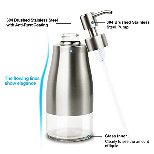 AUMIO Dish Soap Dispenser with Stickers, Kitchen Soap Dispensers Brushed Nickel Stainless Steel and Glass Combined, Refillable Liquid Hand Soap Dispenser for Bathroom & Kitchen (11OZ / 320ML) - color: Silver