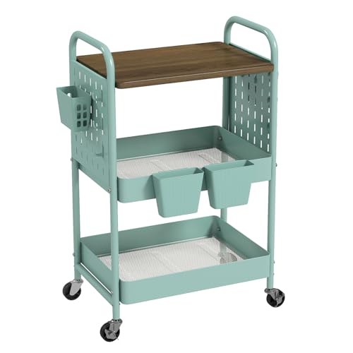danpinera 3 Tier Rolling Cart, Metal Storage Cart with Wooden Tabletop, Storage Cart with DIY Pegboards & Locked Wheels, Hooks & Hanging Cups for Any Room - color: Green, size: without drawer