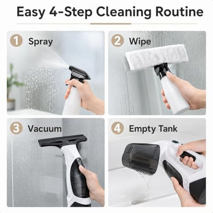Cordless Window Vacuum Cleaner with Extension Pole, Rechargeable Glass Cleaning Squeegee Kit, 5.07 fl oz Water Tank, Spray Bottle & Microfiber Pad for Windows Shower Doors Mirrors Tiles
