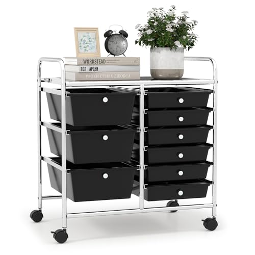 LDAILY 9 Drawer Rolling Storage Cart, Rolling Cart with Drawers for Classroom, Art Supply Craft Organizer on Wheel with Metal Frame & Handles for Home Office School - color: Black, size: 9 Drawer