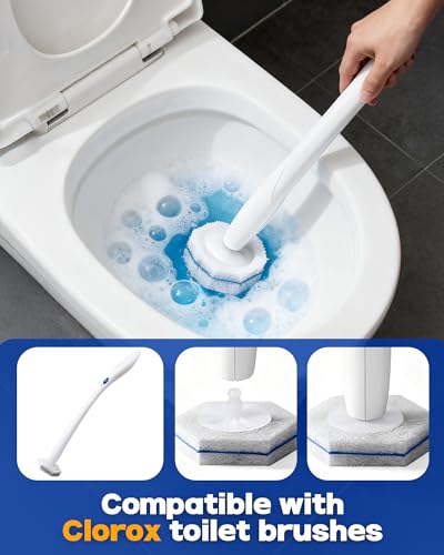100 pack disposable toilet brush refills compatible with Clorox toilet brushes, water-activated foam, secure snap-on fit, non-scratch cleaning pads, hygienic disposable brush heads - color: 100Pack