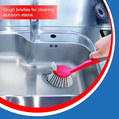 Cello Kleeno Dual Action Sink & Dish Brush, Red & Grey | Flexible Bristles, Hanging Provision | Rubberised Handle & Tough Bristles for Stubborn Stains |Plastic Kitchen Sink Basin Wash Cleaning Brush