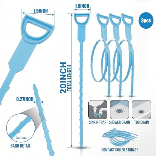 Drain Hair Remover Tool 3 Pcs Set, 20 Inch Flexible Drain Cleaning Snake, Plastic Drain Clog Remover for Sink, Shower, Bathtub and Bathroom Drain, Reusable Hair Removal Tool, Green - color: Blue