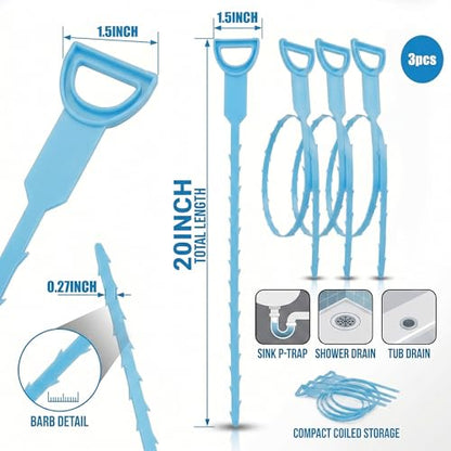 Drain Hair Remover Tool 3 Pcs Set, 20 Inch Flexible Drain Cleaning Snake, Plastic Drain Clog Remover for Sink, Shower, Bathtub and Bathroom Drain, Reusable Hair Removal Tool, Green - color: Blue