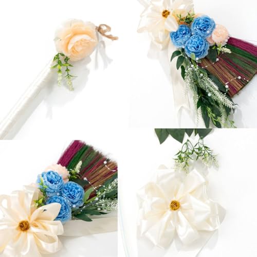 Elegant Wedding Brooms Bride Bridegroom, Jumping The Broom for Wedding, Natural Whisk Broom with Ribbons, Artificial Pearl, Leaves,Roses for Decorative - style: Wedding Décor