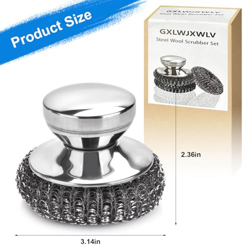 7PCS Steel Wool Scrubber Pads, Stainless Steel Scrubber Set with 1PCS Handle, Metal Scrubbers for Cleaning Kitchen and Household, Dishes, Stoves, Grill, Wash Sink, Pots