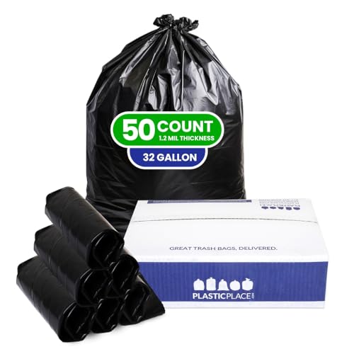 Plasticplace 32 Gallon Trash Bags Garbage Can Liners for Toter, Heavy Duty Contractor Black Garbage Bags, Tear-Resistant, Leak-Proof, Extra Large Can Liners, 44” x 54”, 50 Count Trashbags 1.2 Mil