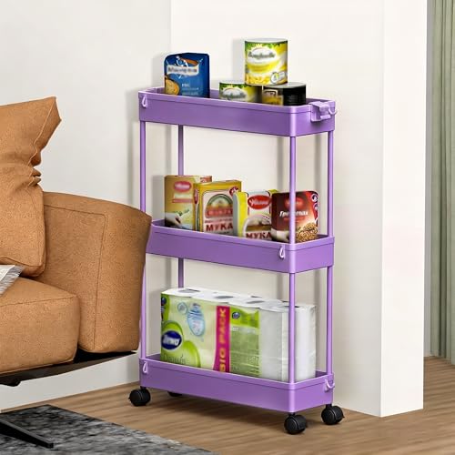SPACELEAD Slim Storage Cart 3 Tier,Bathroom Organizer Rolling Utility,Mobile Shelving Unit Slide Out for Office, Kitchen, Laundry Room & Narrow Places,Purple - color: Purple