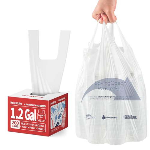 Small Trash Bags with Handles - Ocean Plastic Upcycling - Plastic Garbage Bags, Can Bin & Waste Basket Liner for Kitchen, Bathroom, Office and Pets,1.2 Gallon 200 Count White - color: 1.2Gal White, size: 1 DISPENSER BOX