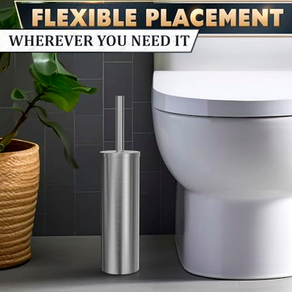 Stainless Steel Toilet Brush and Holder Set - Free-Standing Toilet Bowl Brush and Holder with Removable Inner Bowl, Splash Cover, Sturdy Bristles, Corrosion & Scratch Resistant - Modern Toilet Design - color: Silver