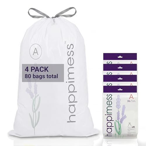 happimess 8 Gallon (30L) Drawstring Trash Bags, Lavender Scent, White, Heavy Duty MDPE Liners for Kitchen and Household, Odor Control, Custom Fit 80 Count (4 Packs of 20 Liners) HPM3101A-W-4SET - color: White (Lavender Scented), size: 80 Count (Pack of 1)