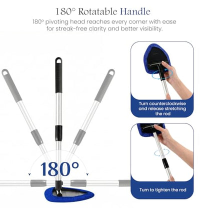 Windshield Cleaner Tool for Inside Car Windows with 6 Microfiber Pads Power Blade Glass Cleaning Kit, Magnetic Reach Handle for Auto Interior, Streak Free Window Supplies