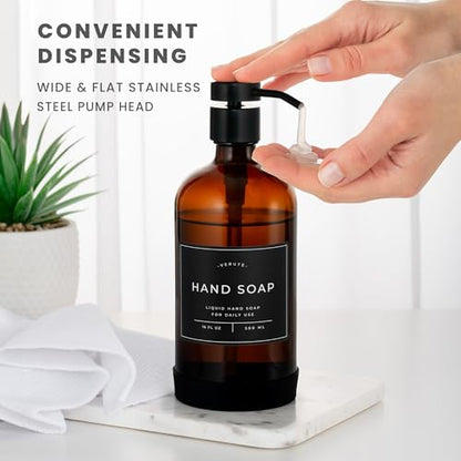 Hand and Dish Soap Dispenser for Kitchen and Bathroom, Set of 2 16 Oz Glass Bottles, Stainless Steel Pumps, Non-Slip Silicone Base, 27 Waterproof Labels (Amber Bottle/Black Pump) - color: Amber Bottle / Black Pump