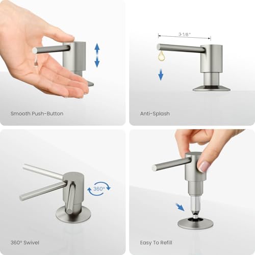 KIBI Kitchen Sink Soap Dispenser | 8.5 oz Countertop Refillable Bottle | Easy Top Refill Pump | Durable Brass Build with Rust-Resistant Finish | Perfect for Kitchen, Bar, Laundry (Brushed Nickel) - color: Brushed Nickel