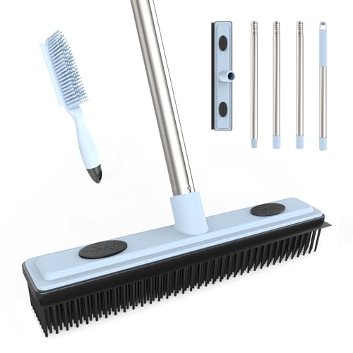 Rubber Broom Carpet Rake for Pet Hair Removal, Dog Hair Broom with 59" Adjustable Handle, Push Broom with Squeegee for Carpet, Hardwood Floor, Tile, Includes 1 Pet Hair Brush
