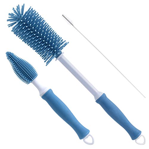 Silicone Cleaning Brush, 12" Long Handle Water Bottle Cleaner for Baby, Sports, Vase, Glassware, and Smaller Diameter Openings - color: Blue
