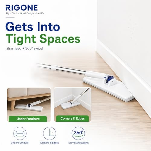 RIGONE Snap Grip Mop Kit, Hands-Free Flat Mop with One-Press Clip, 49" Wet Dry Floor Cleaner, Use Any Cloth, Towel or Rag, 34-Piece Set for Hardwood Tile Wall Window Home Cleaning