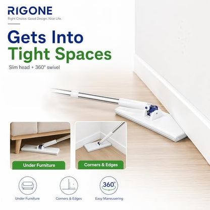 RIGONE Snap Grip Mop Kit, Hands-Free Flat Mop with One-Press Clip, 49" Wet Dry Floor Cleaner, Use Any Cloth, Towel or Rag, 34-Piece Set for Hardwood Tile Wall Window Home Cleaning
