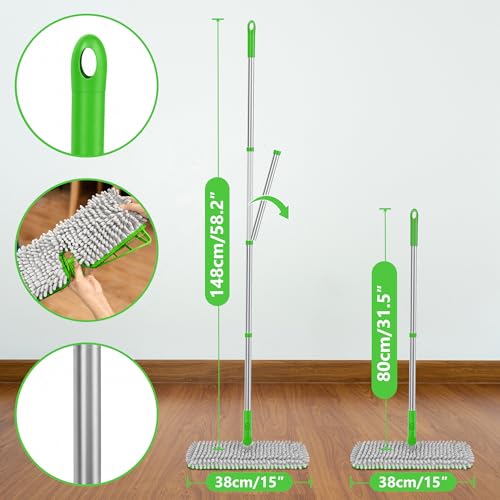 2-Sided Microfiber Dust Mop for Hardwood Floors & Walls | Flat Flip Head, Wet Dry Use, 3 Chenille & Microfiber Pads, 58" Handle, 360° Swivel, Sweep Pet Hair, Tile, Laminate, Kitchen - size: 15" Mop-G