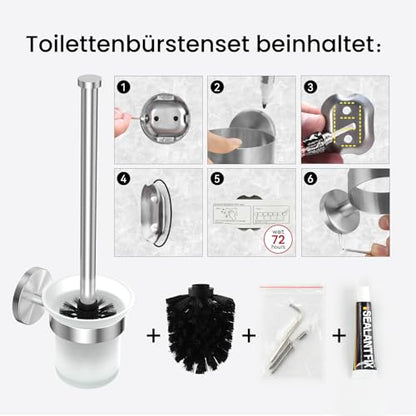 Dailyart Toilet Brush Holder Set: 2 Pack Bathroom Deep Cleaning - Stainless Steel & Glass Toilet Cleaner with Ergonomic Design - No Drilling Wall Mounting