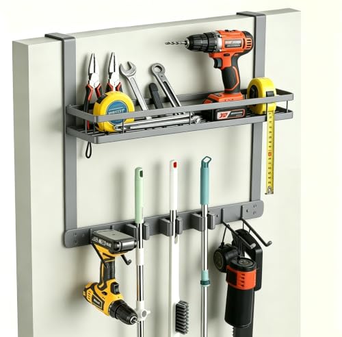Over Door Tool Organizer, Heavy Duty Utility Rack with 3 Slots, 2 Hooks and 1 Basket, Power Tool & Garden Tool Storage for Garage, Workshop, Warehouse, Fits Brooms and Mops - Grey - color: grey