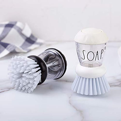 Rae Dunn Collection Soap Dispensing Dish Brush Set - Set of 2 Palm Brush Dish Scrubber with 2 Replacement Brush Heads