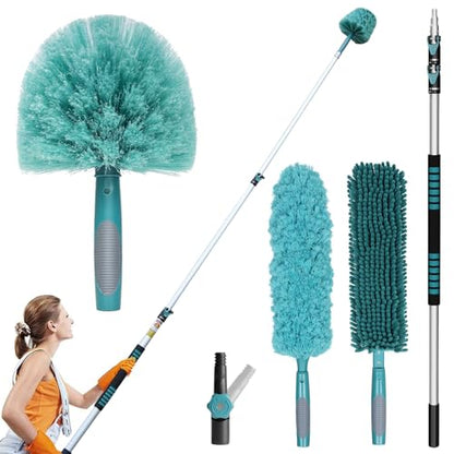 TelesPro 20 Foot High-Reach Duster Kit with 5-12FT Extendable Pole - High Ceiling Duster Cleaning Kit with Telescopic Pole,Cobweb Duster, Chenille Ceiling Fan Duster, Microfiber Feather Duster - size: 12 FT