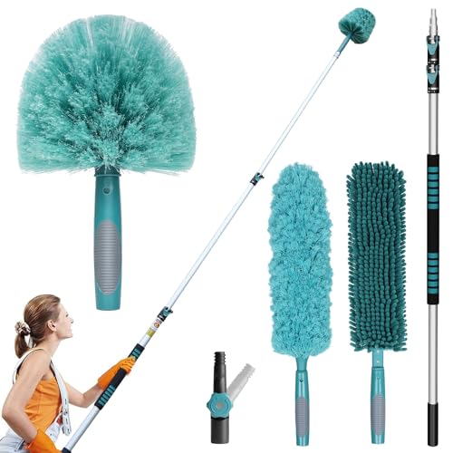 TelesPro 20 Foot High-Reach Duster Kit with 5-12FT Extendable Pole - High Ceiling Duster Cleaning Kit with Telescopic Pole,Cobweb Duster, Chenille Ceiling Fan Duster, Microfiber Feather Duster - size: 12 FT