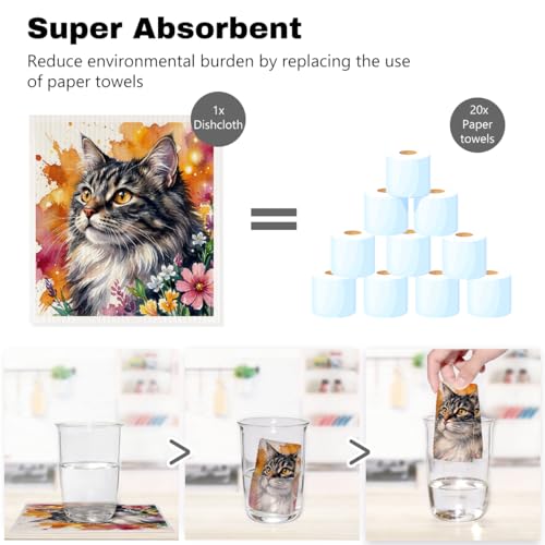 5 Pcs Cute Kitten & Flower Swedish Dishcloths, Cat Themed Swedish Dishcloth, Artistic Dish Cloths for Drying Dishes, Reusable Cleaning Cloths, Housewarming Gifts for Women 2 - color: Lm 04251