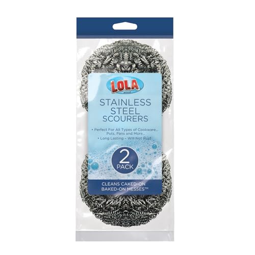 Stainless Steel Wool Scouring Pad, 2 Pack, by LOLA Brand, 18 Grams - Curled Flat Wire, Cleans Caked On & Baked On Messes on Cookware - size: 2 Pack, style: Standard