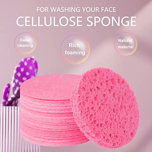 100-Count Compressed Facial Sponges, Round 100% Natural Cellulose Cosmetic Spa Sponges for Daily Facial Cleansing, Makeup and Mask Removal Exfoliating, Skin Massage, Pink - color: 100- Pack Pink