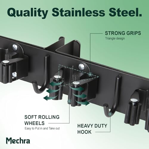 Over The Door Broom and Mop Holder, Heavy Duty Stainless Steel Organizer with 4 Slots and 3 Hooks, No Drilling Space Saving Tool Hanger for Kitchen, Laundry Room, Closet, and Garage - Black - color: Black