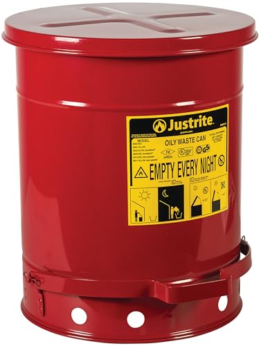 Justrite 10 Gallon Galvanized Steel Oily Waste Can, 18" x 14" Metal Oil Rag Safety Can With Foot Operated Self-Closing Lid for Oil Rag Disposal, Made in the USA, Red, 09300 - color: Red, size: 10 Gallon, style: Foot-Operated Lid