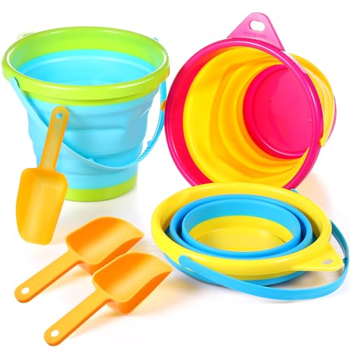 Realspring 3 Pcs Summer Foldable Pail Bucket with Shovels 2.5 L Collapsible Sand Bucket Foldable Beach Toys for Beach Party Outdoor Activity (Classic Color)