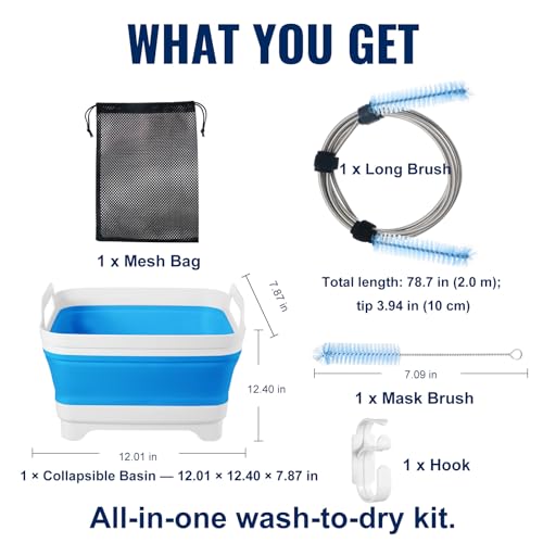 CPAP Cleaning Kit with Collapsible Wash Basin (2.4 Gal / 9 L), Long Hose Brush & Mask Brush, Drying Hook, Mesh Storage Bag; Fits 22 mm Standard & 15 mm Slim Tubes (Basic) - color: Basic