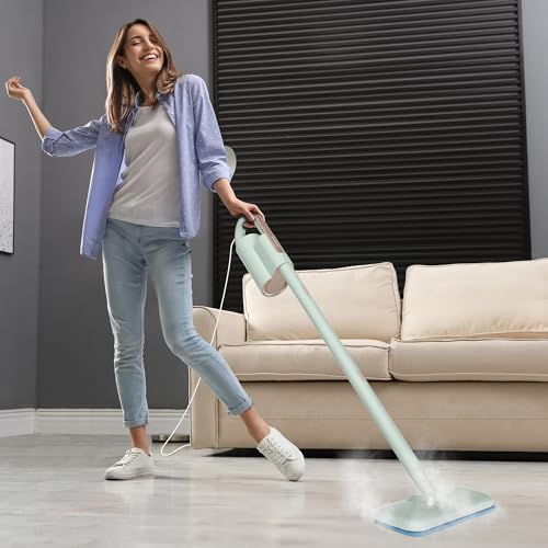 Newbealer Steam Mop & Detachable Handheld Cleaner, 1200W Floor Steamer | 3 Adjustable Levels for Carpet Laminate Hardwood Grout, Carpet Glider, 11 Multi-purpose Accessories & 2 Pads, 250ml Tank - color: Green with 11 brushes