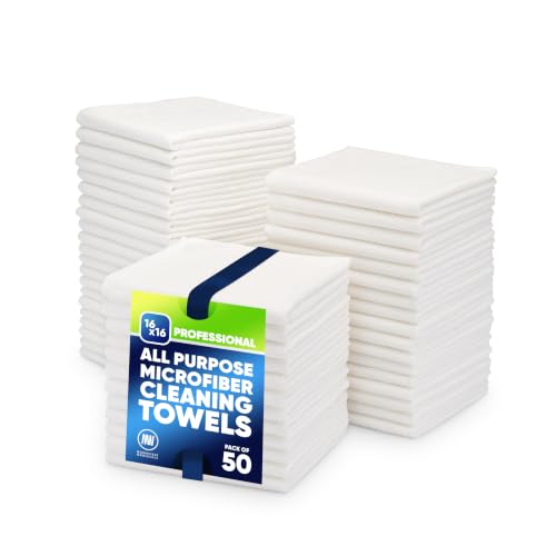 Microfiber Wholesale White Microfiber Cleaning Cloths, 50 Pack 16x16 – Absorbent All-Purpose Kitchen & Household Towels – Reusable, Machine-Washable Wash Cloths for Glass, Counters, Bath & Cleaning - color: White, size: 50 Pack