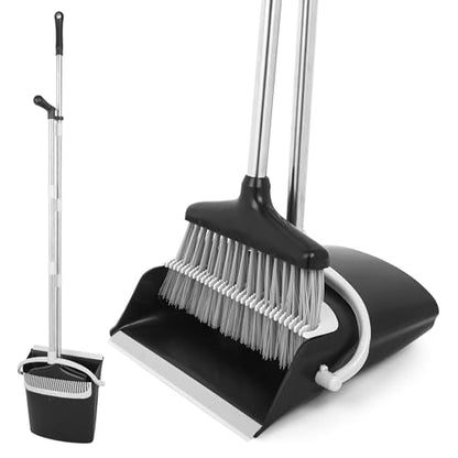 Broom and Dustpan Set with Long Handle, Upright Standing Design, Indoor Outdoor Cleaning Combo, Black and Gray