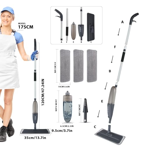 DARIS Spray Mops with 3 Microfiber Pads Dust Mop with 360ml Bottle for Floor Home Cleaning 360 Rotation Wet Dry Mops for Cleaning Hardwood, Laminate, Ceramic